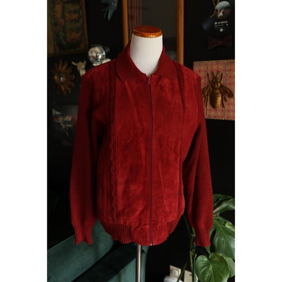 Vintage 80s 90s City Splits Red Burgundy Leather Suede Knit Zip Up Jacket - Picture 1 of 15